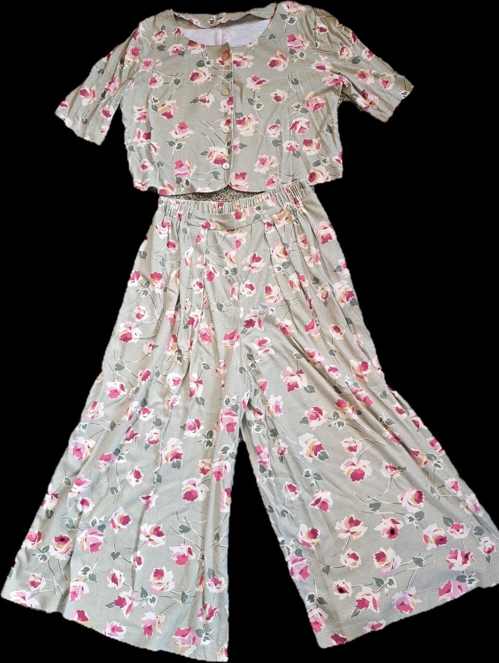 Handmade Vintage 90s Floral Gaucho Set | Teal Pink Flowers | Cropped Top & Wide